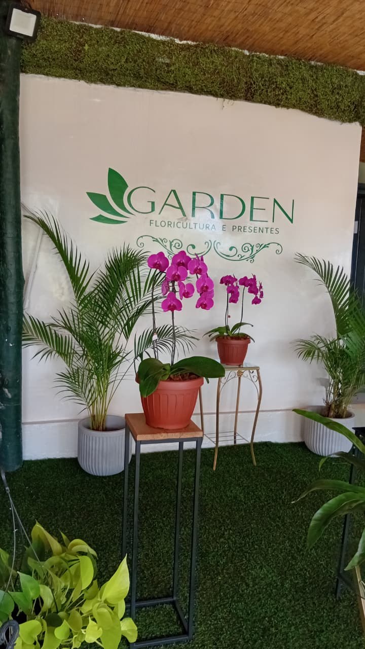 Espaço da floricultura, com orquídeas e palmeiras em vaso diante do painel Garden Floricultura e Presentes
